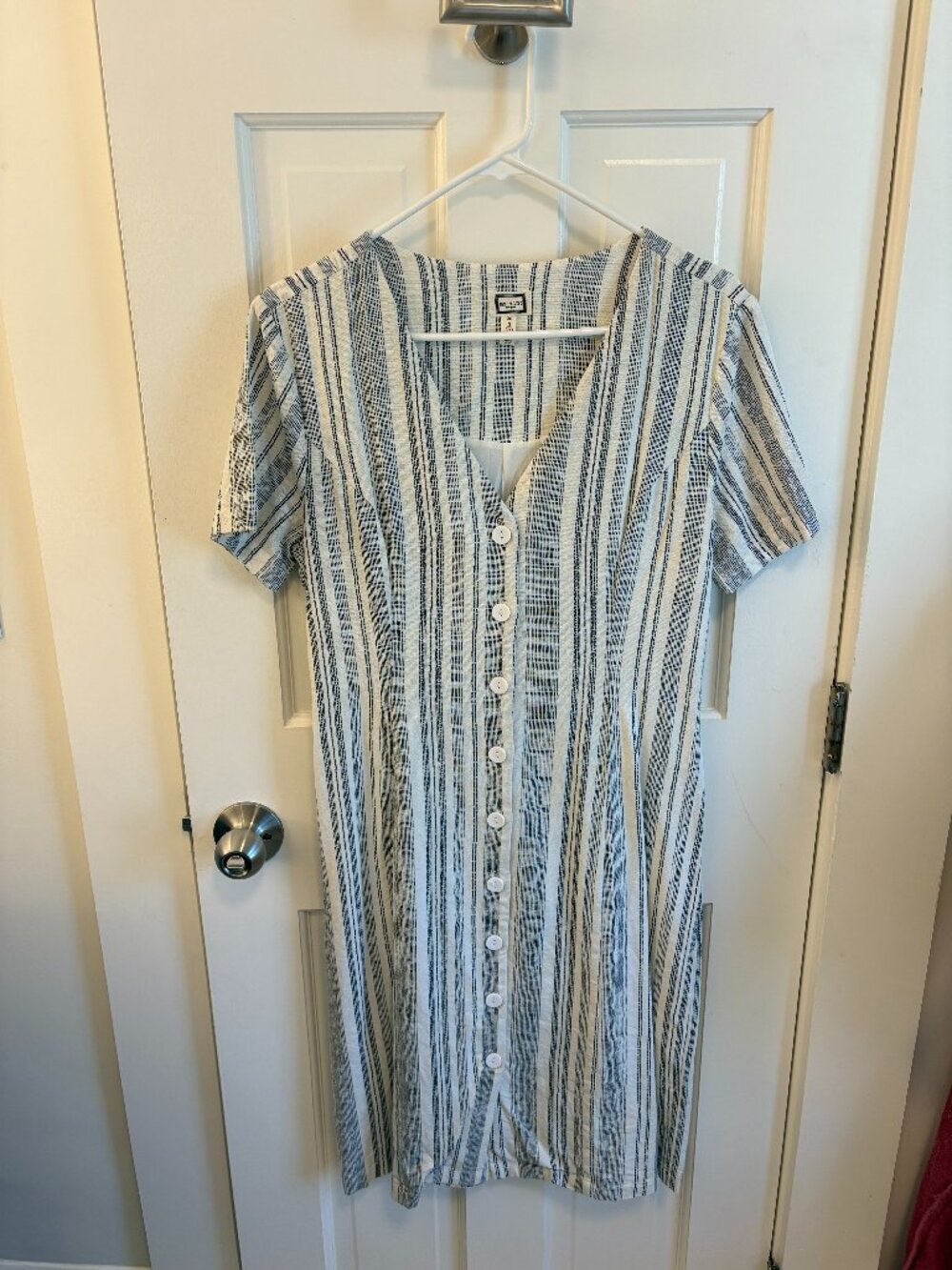 Mo:Vint White and Black Striped Linen Dress with buttons - Size M